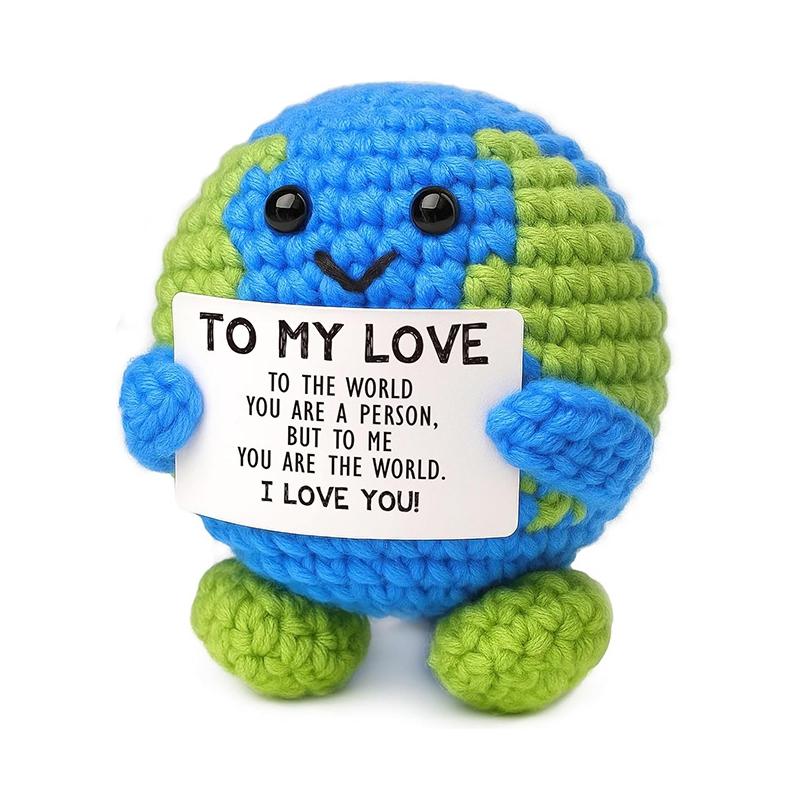 Funny Alien Crochet Doll With Cards Positive Energy Crocheted Earth Desktop Ornament Handmade Knitted Cow Doll  Home Room Decor