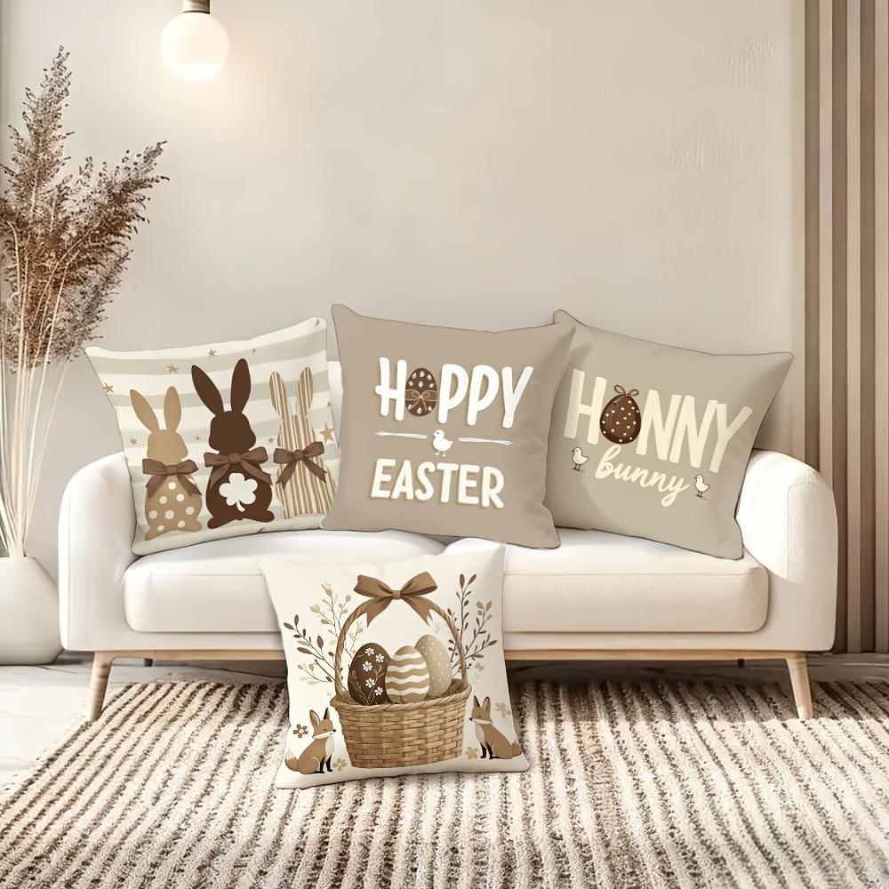 Easter Bunny Pillow Cover Set Happy Easter Honey Bunny Print Soft Cozy For Sofa Bed Living Room Spring Farmhouse Decor Gifts