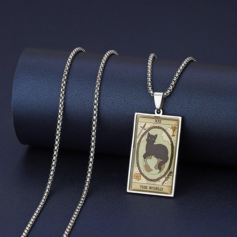 Stainless Steel Epoxy Cat Tarot Card Pendant Necklace For Men Boys Animal Divination Jewelry
