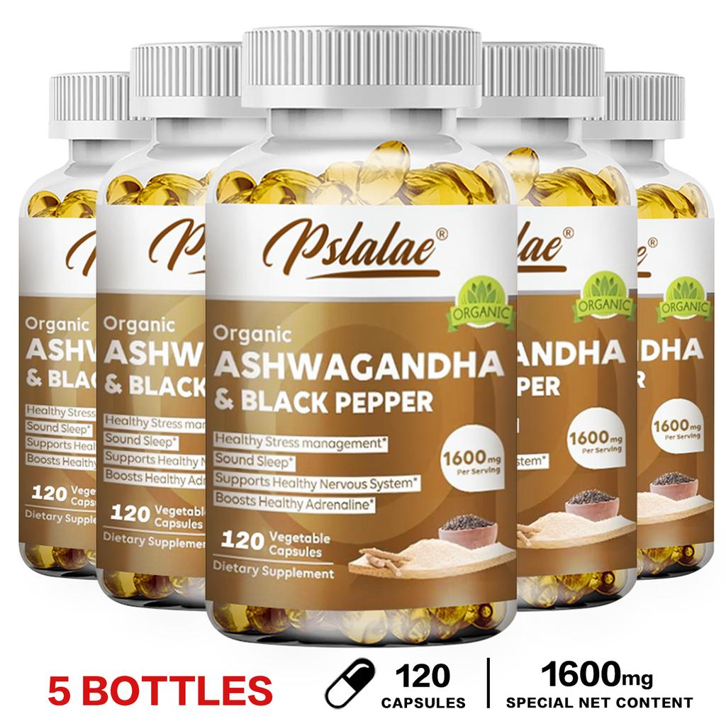 High-Concentration Ashwagandha Capsules with Organic Black Pepper, 1600mg, Suitable for Men and Women