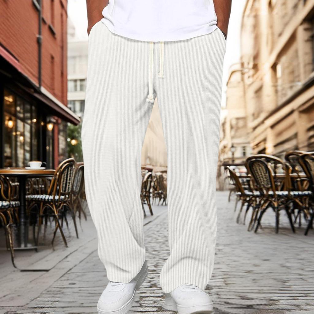 Men’s Drawstring Waist Loose Fit Corduroy Lounge Pants Casual Straight Leg Trousers with Adjustable Waistband