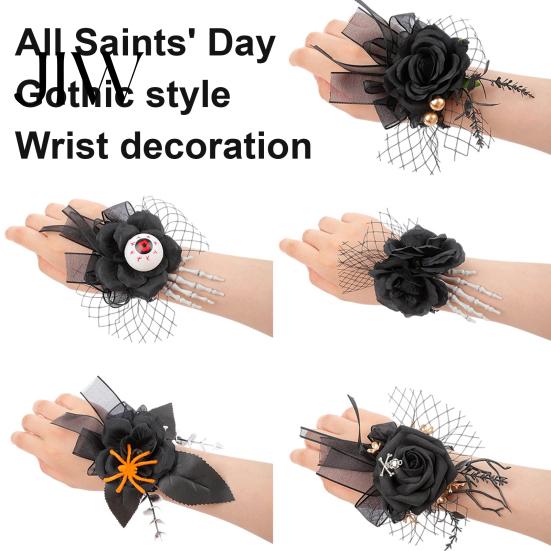 Romantic Party Wrist Flower Gothic Corsage for Halloween Party, Black Wedding Corsage, Decorative Floral Bracelet Prom Accessory Day of The Dead Prom,