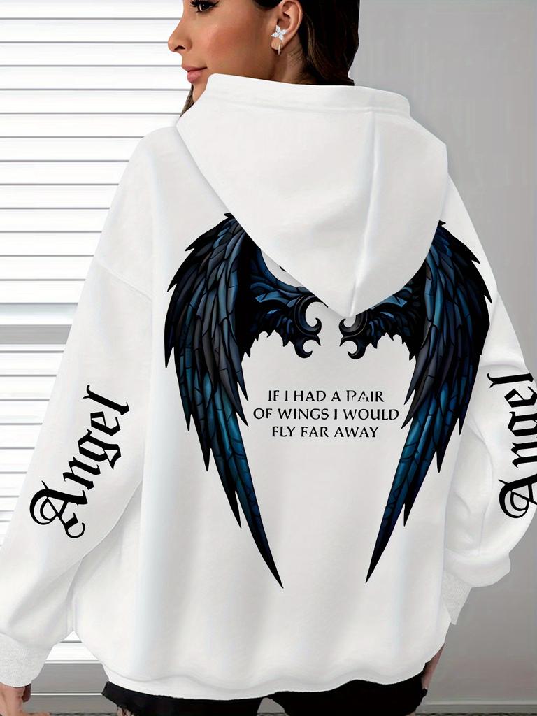 Felpa con cappuccio Hip Hop Sportiva da uomo con design ad ali a tema angelo e frase motivazionale, Top con cappuccio rétro street loose per tutte le stagioni