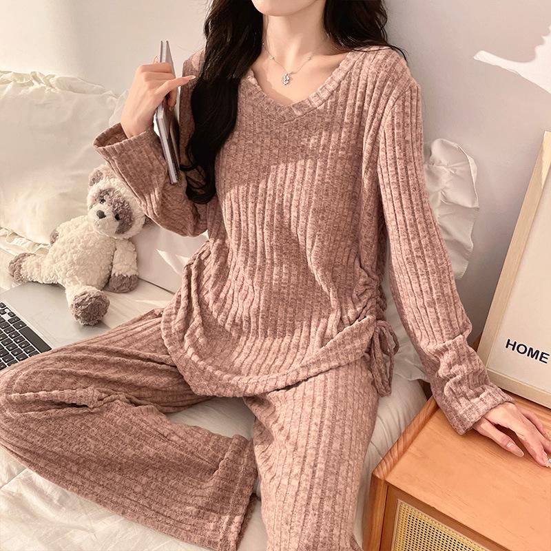 2025 Korean Women's Pajamas with Bra Pads: Knitted Long Sleeve & Pants, Plus Size, for Spring, Autumn, Winter