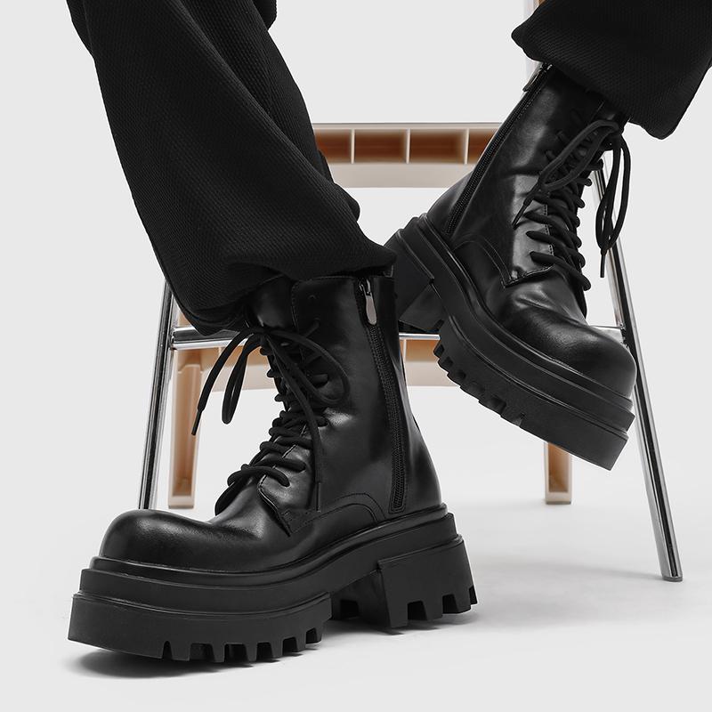 Mode Herbst- und Winter Herren Schnürstiefel mit hohem Schaft Bequeme Reißverschluss Stiefel mit Absatz Dicksohlige Anti-Rutsch Wanderstiefel