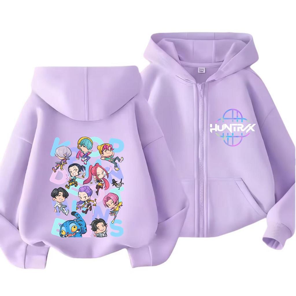 Moletom com Capuz e Zíper Kpop Caçadores de Demônios Infantil Huntrix Rumi Zoey Desenho Animado Moda Moletom com Zíper Menino Menina Tops Casuais Roupas Infantis Presente