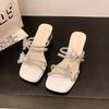Rhinestone sandals women's summer wear fashion high-end bow crystal medium heel thick heel with skirt cool slippers