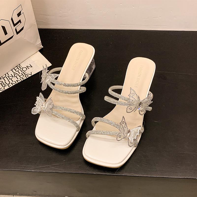 Rhinestone sandals women's summer wear fashion high-end bow crystal medium heel thick heel with skirt cool slippers