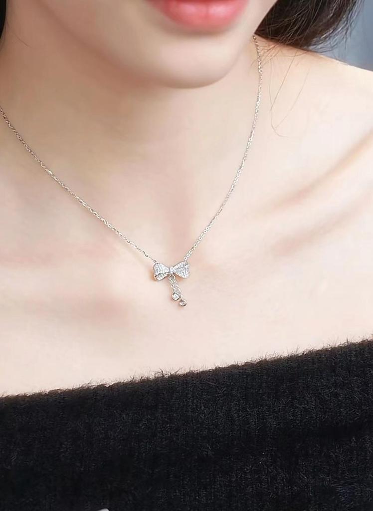 Exquisite S925 Sterling Silver Bow Tassel Pendant Clavicle Necklace for Women