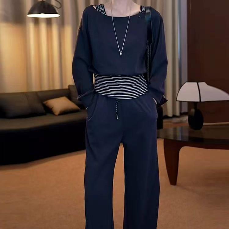 

New Korean Style Striped Patchwork Off-Shoulder Sweatshirt & Wide-Leg Pants Two-Piece Set 2XL (125-140 kg)