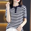 Ice Silk Striped Knitted Short-sleeved T-shirt for Women In Summer New POLO Collar Age-reducing Top Half-sleeved College Style