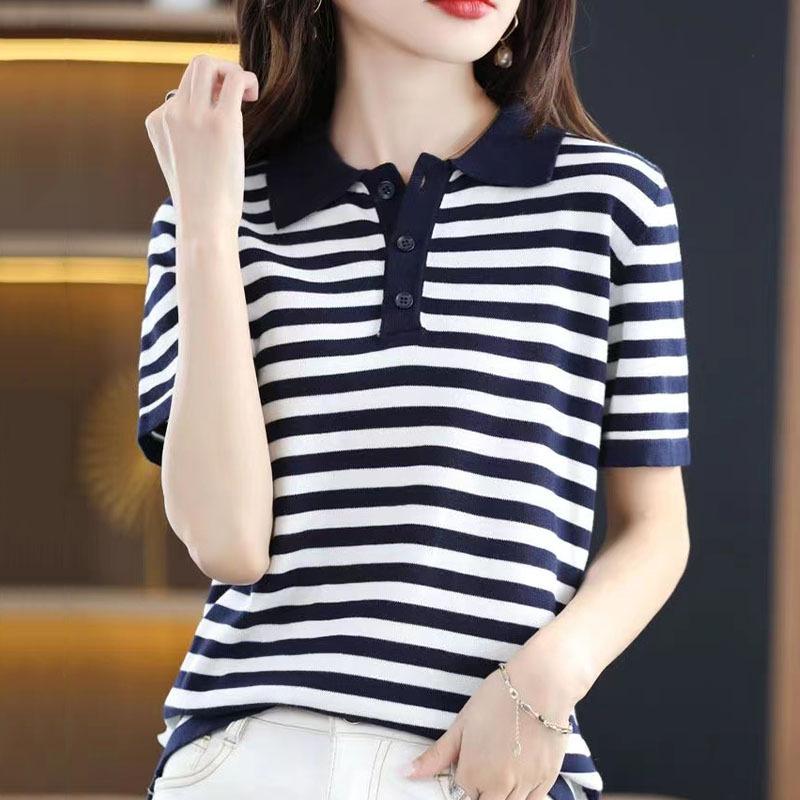 Ice Silk Striped Knitted Short-sleeved T-shirt for Women In Summer New POLO Collar Age-reducing Top Half-sleeved College Style