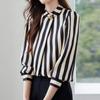 Navava Women Vintage Stripe Stand Collar Long Sleeve Blouse Nb3003