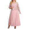 2Pcs/Set Women Plus Size Party Outfit O-neck Short Sleeve Loose Hem Midi Dress Hollow Out Embroidery Lace Floral Coat Set