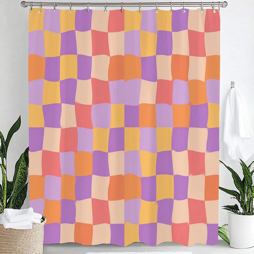 Modern Plaid Grid Print Waterproof Shower Curtain Bathroom Curtain,Hanging Curtain 12 Hooks Decoration Machine Washable