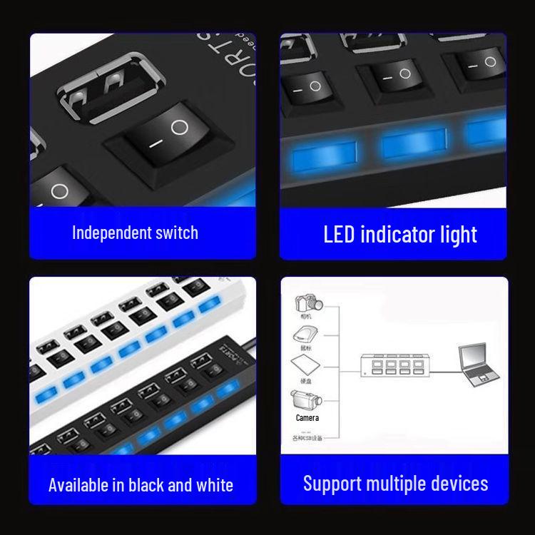 USB 2.0 didelės spartos šakotuvas nešiojamam kompiuteriui, stacionariam kompiuteriui, pelės, klaviatūros ir USB atmintinės