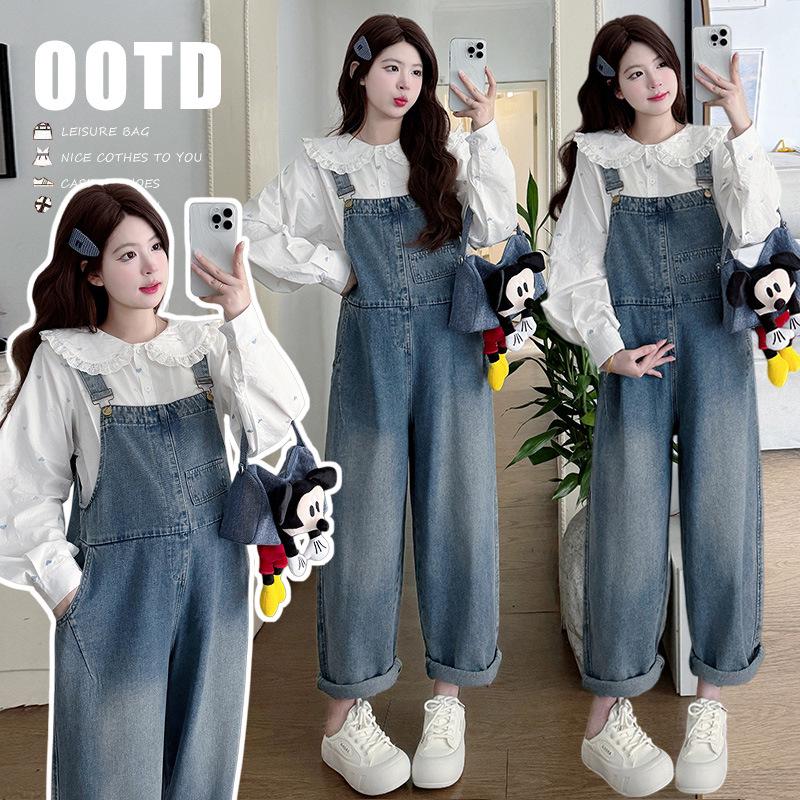 2026 Spring Maternity Doll Collar Shirt & Loose Korean Overalls Fashionable Women s Two-Piece Set XXL