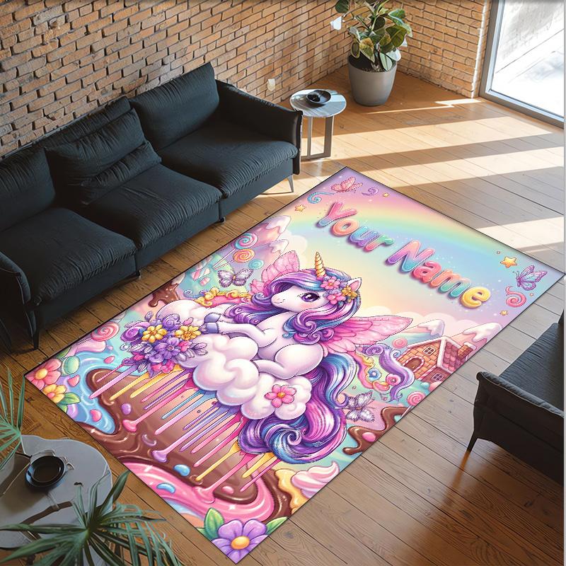 Alfombra de Suelo de Terciopelo de Cristal con Temática de Unicornio, Alfombra Cálida Personalizada con Nombre y Texto, Decoración del Hogar