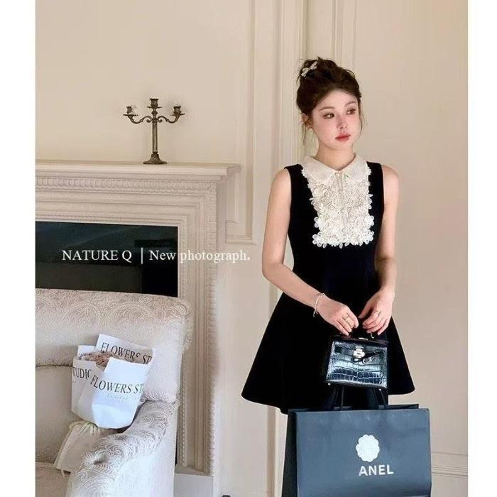 

Rich family daughter feeling black sleeveless vest dress summer lace design feeling waist a word fluffy skirt S чёрный