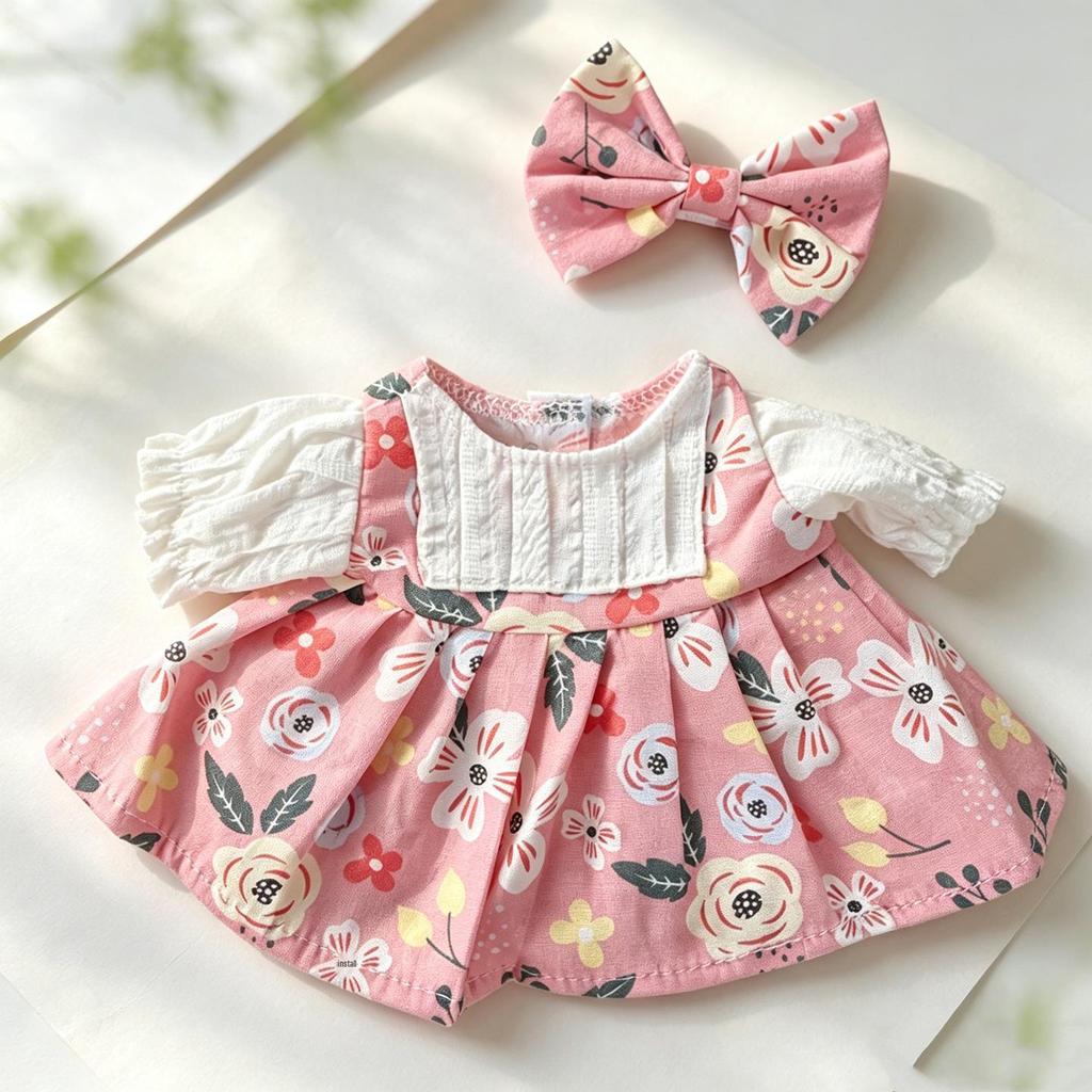 20cm Plush Doll Clothes: Fresh Floral Print Skirt Two-Piece Set for 3-Year-Old Doll, Third Generation Big Cute Series