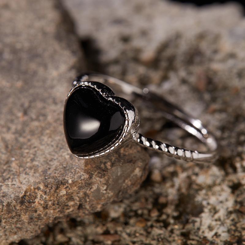 Niche Design S925 Sterling Silver Natural Black Agate Ring Women'S Thread Black Love Open Ring Hot