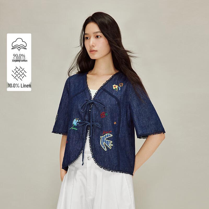 INMAN Women s Embroidered Cotton Linen V-Neck Shirt S