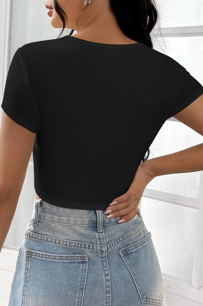 Frauen Mode Neue Bluse Weibliche Schwarz Halbe Hülse Gerade Kragen Crop Top Bluse