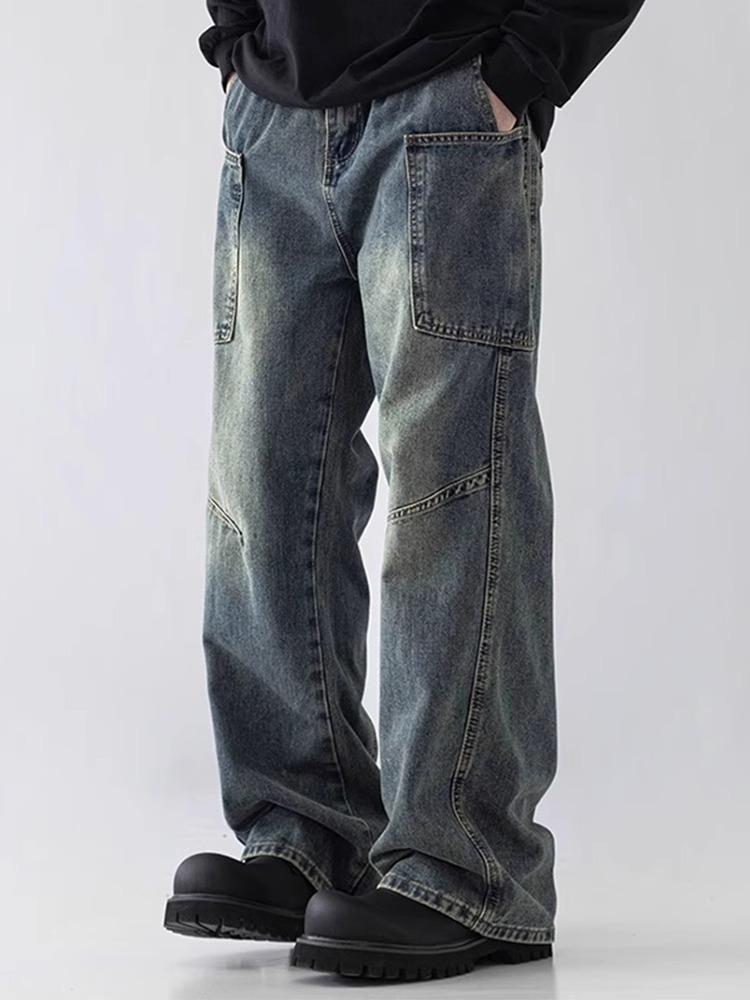 Men's American Style Retro Washed Wide-Leg Denim Jeans – Trendy, Versatile, Casual Long Pants