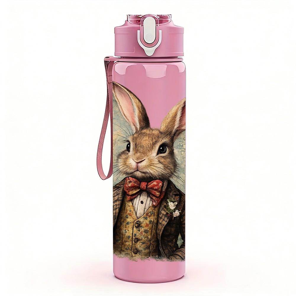 1PC Gentleman Rabbit Retro Outfit Print 750ml Color Plastic Sports Water Bottle Leakproof Flip Straw Lid Suitable for Sports Office Home Use