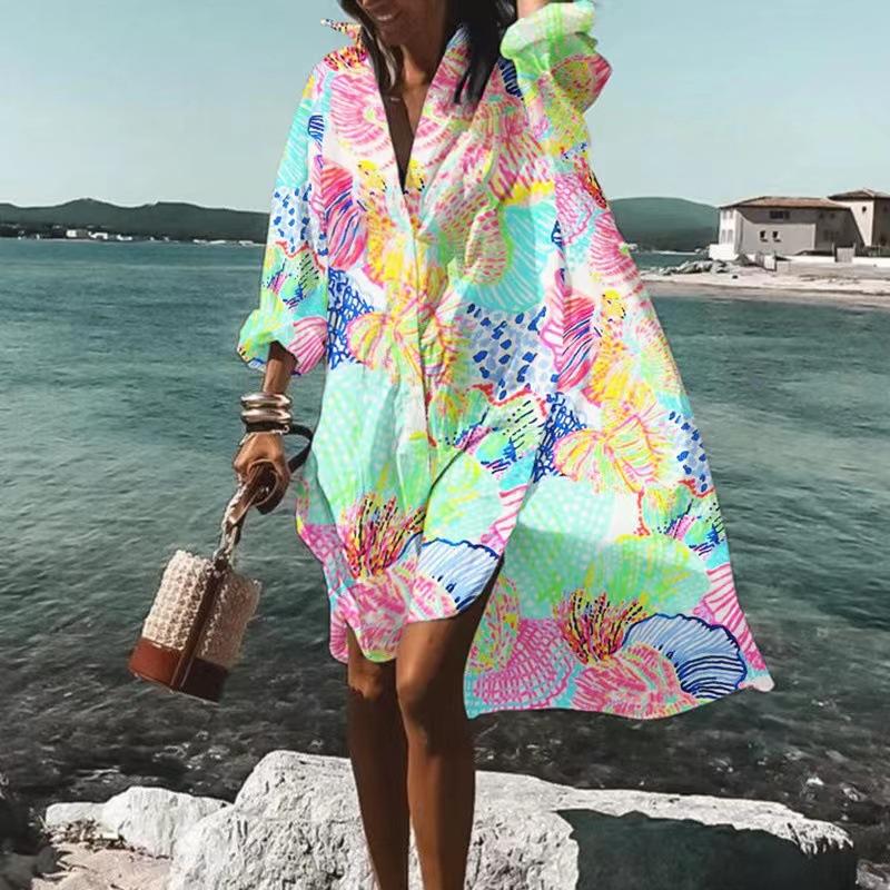 Spot European and American large size women's clothing temperament loose dress shirt skirt