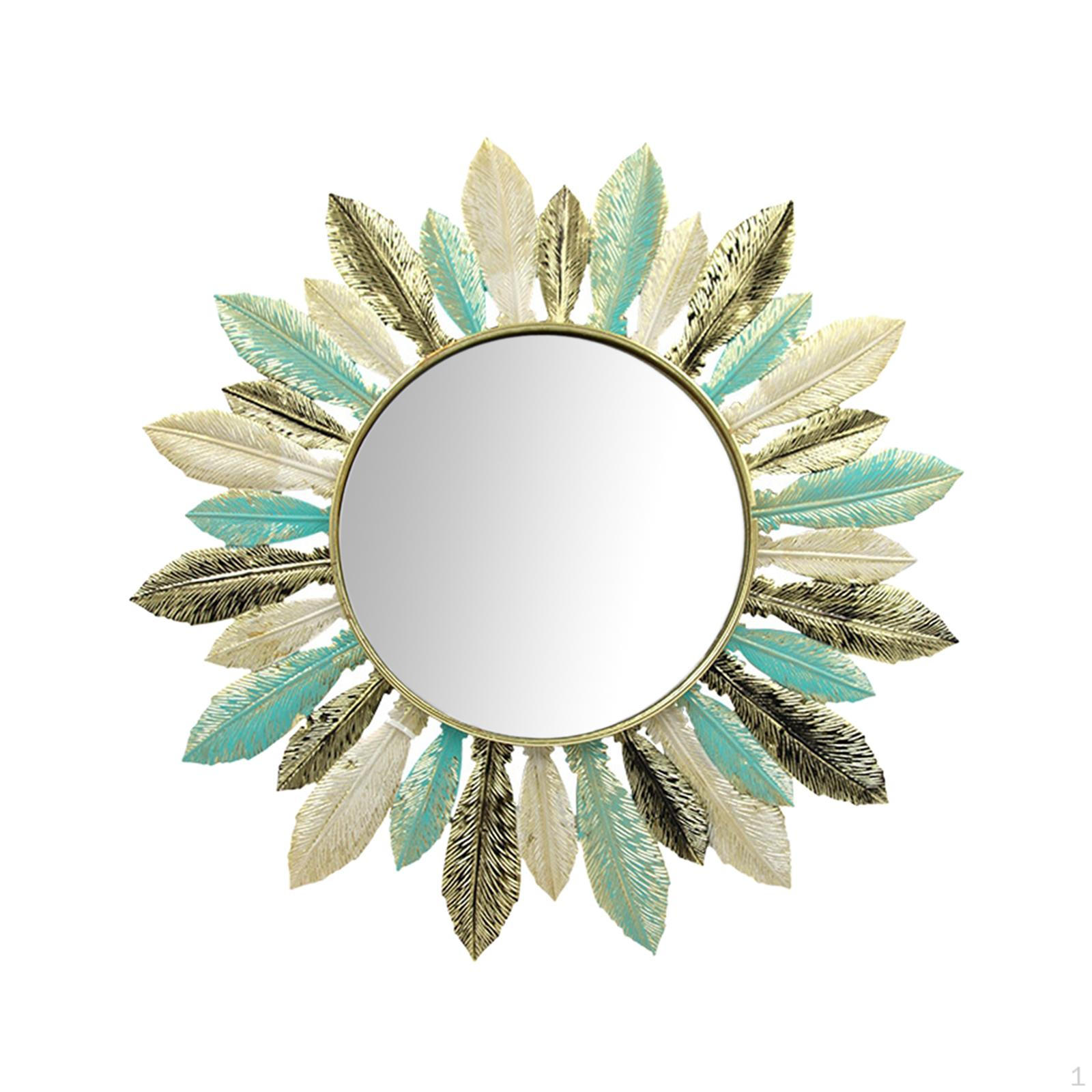 Iron Art Feather Mirror Wall Decoration Round Boho Metal Frame Decorative Modern Makeup for