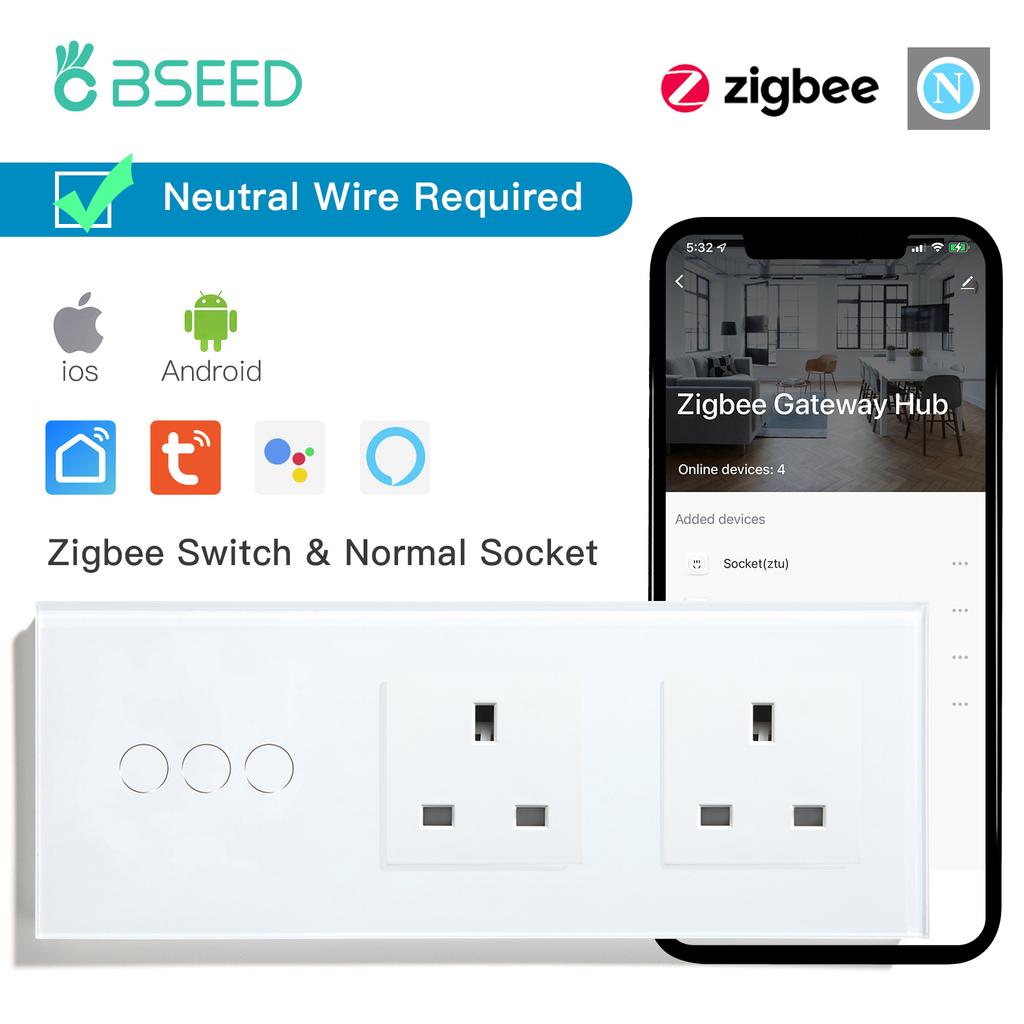 BSEED Zigbee 1/2/3Gang Touch Switches 1/2/3Way Tuya Smart Life App Control With UK Sockets Glass Panel Neutral Version White