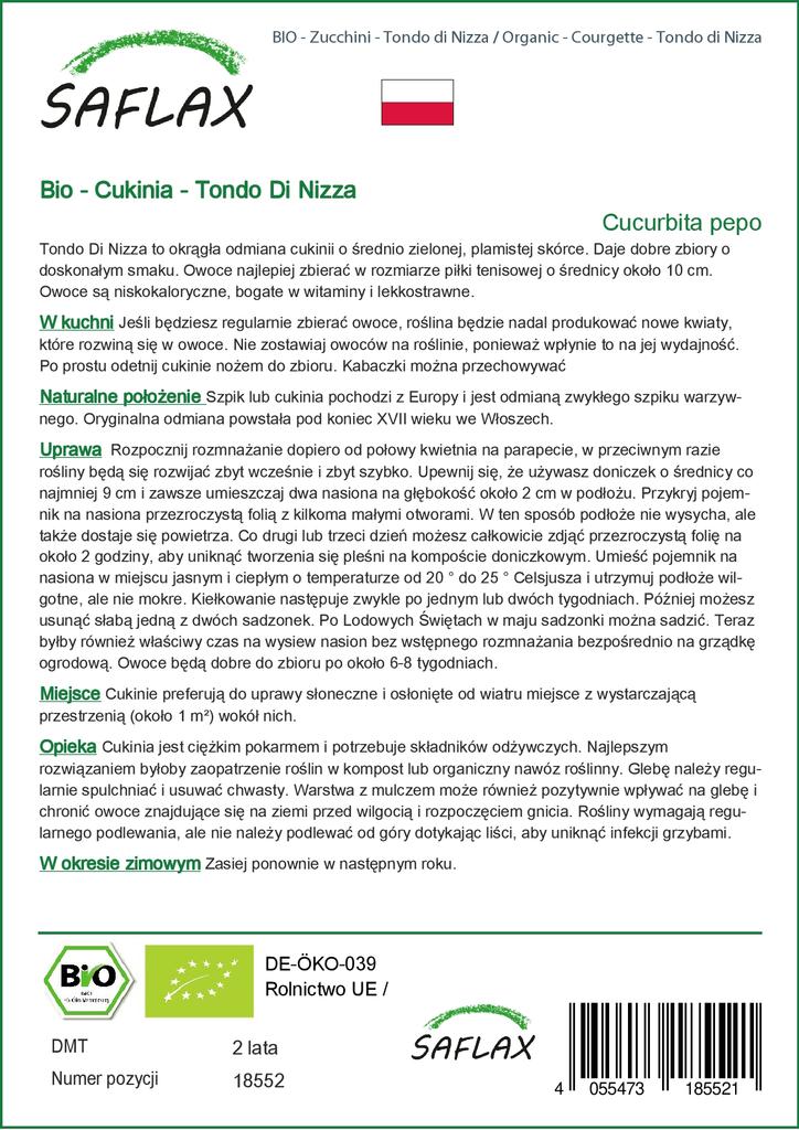 SAFLAX Garden In the Bag - Organic - Courgette - Tondo Di Nizza - 5 Seeds - With Substrate In a Fitting Stand Up Bag - Cucurbita Pepo