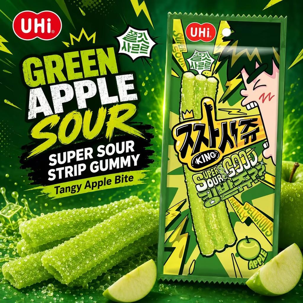 Bomboane Gummy YEM Măr Verde Acrișor*2 buc | Gust acrișor-dulce de măr verde, textură moale și gumoasă, acoperite cu zahăr acrișor la exterior