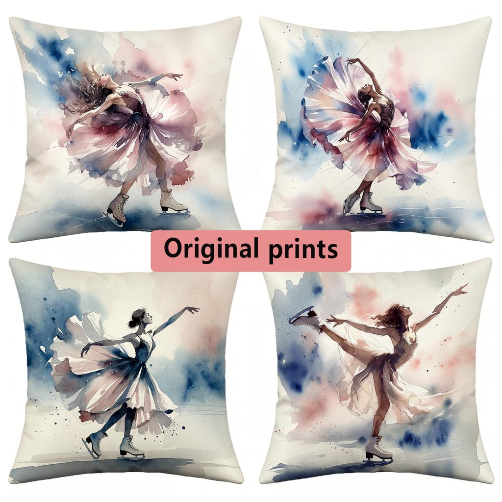 Watercolor Ice Skating Dancer Throw Pillow Covers Pattern Cushion Cover Suitable for Sofa Bedroom Car Pillow Cover
