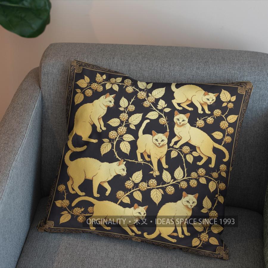 2D Golden Cats On Berry Branches Pillow Cover Pattern Cushion Cover Suitable For Sofa Bedroom Car Pillow Cover