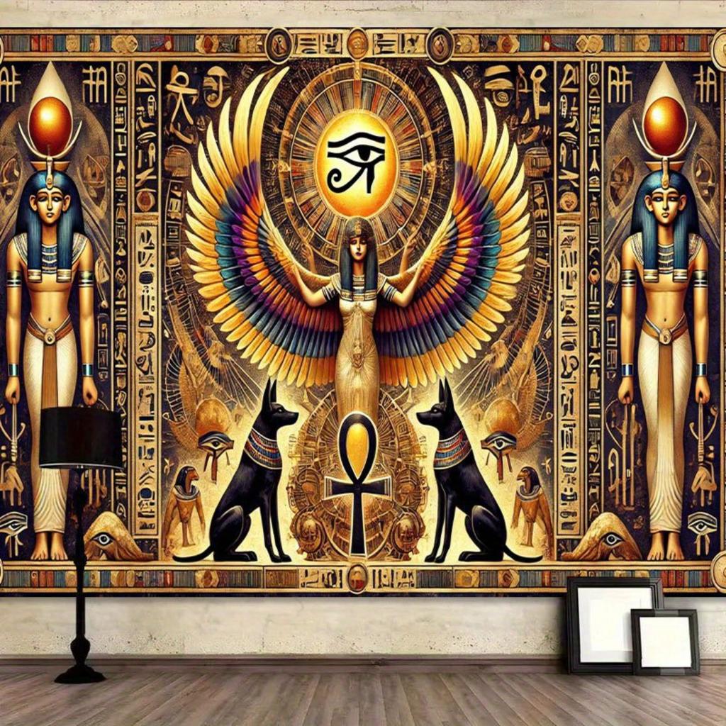Mysterious ancient Egyptian art tapestry - polyester wall hanging featuring hieroglyphics and a golden-winged goddess