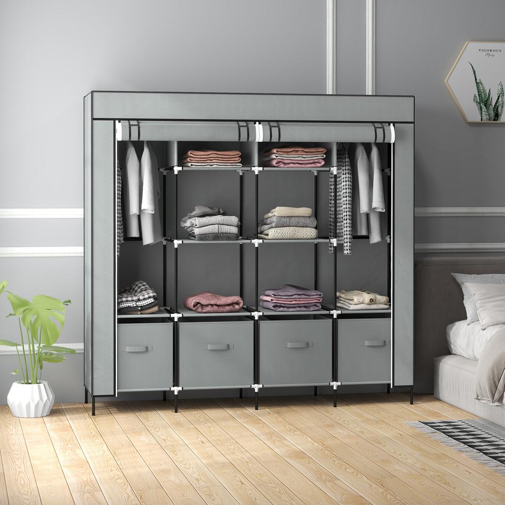 Wardrobe Fabric Wardrobe, Doors, 2 Clothes Rails, 10 Compartments, Grey