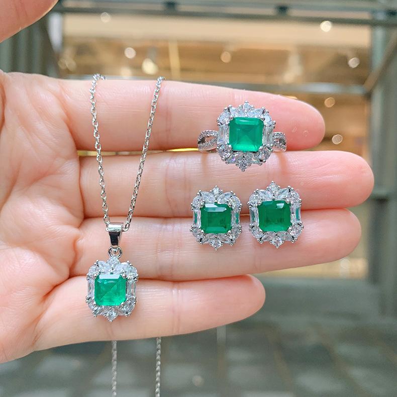 Small Square Emerald Jewelry Set Internet Famous Noblewoman Necklace Pendant Ring Earring Women's