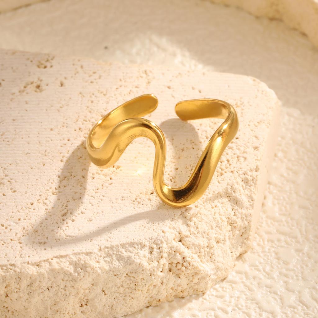Stainless Steel Wavy Geometric Opening Ring for Women,Gold Plated Charm Rings,Trendy Jewelry Mother's Day Gifts