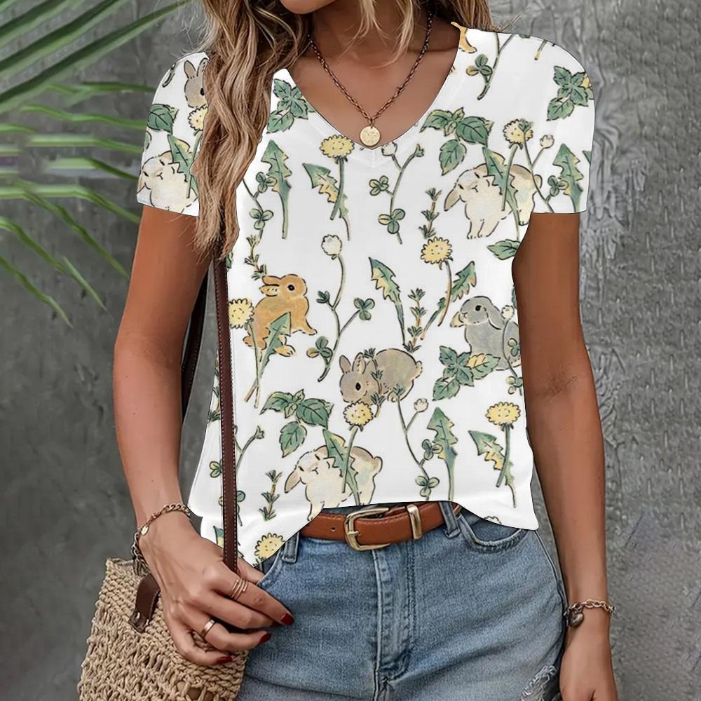 Women's T-shirt 3d Cat Print Short Sleeve Summer Fashion V-neck Top Loose Casual Half Sleeve Elegant Clothing Women's T-shirt