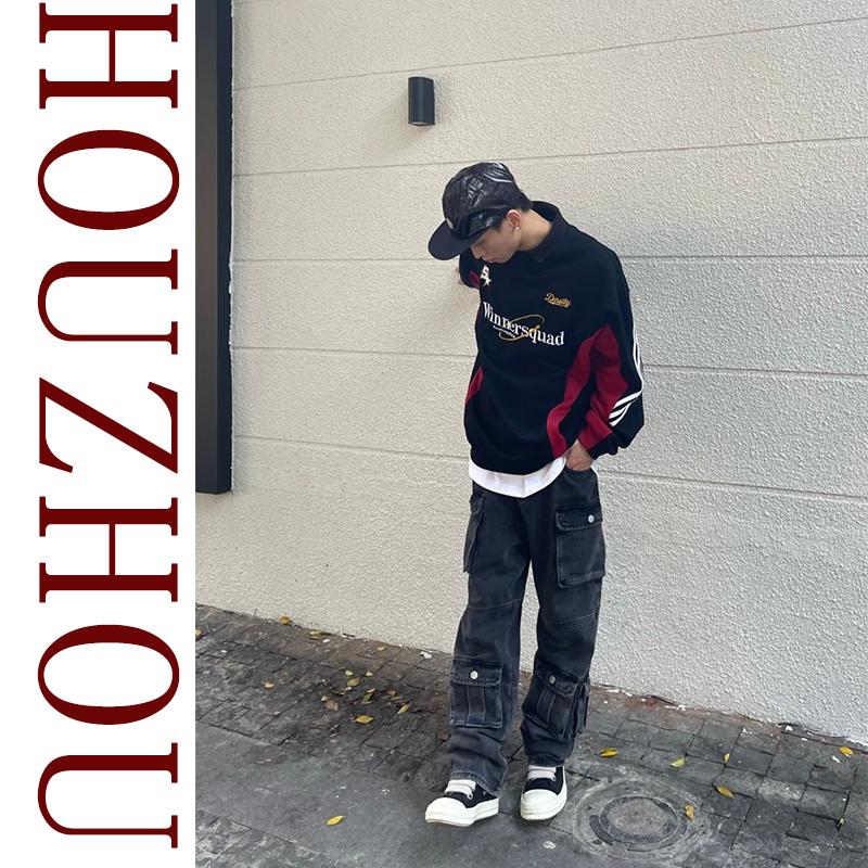 Vintage Patchwork Pullover Korean Harajuku Design Polo Neck Sweatshirt Streetwear Long Sleeve Sweatshirt Oversized Tops Y2k Style