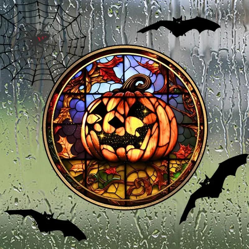 Halloween Stained Window Glass Stickers Colorful Horror Castle Cat Static PVC Glue Free Decorative Film Party Home Decoration