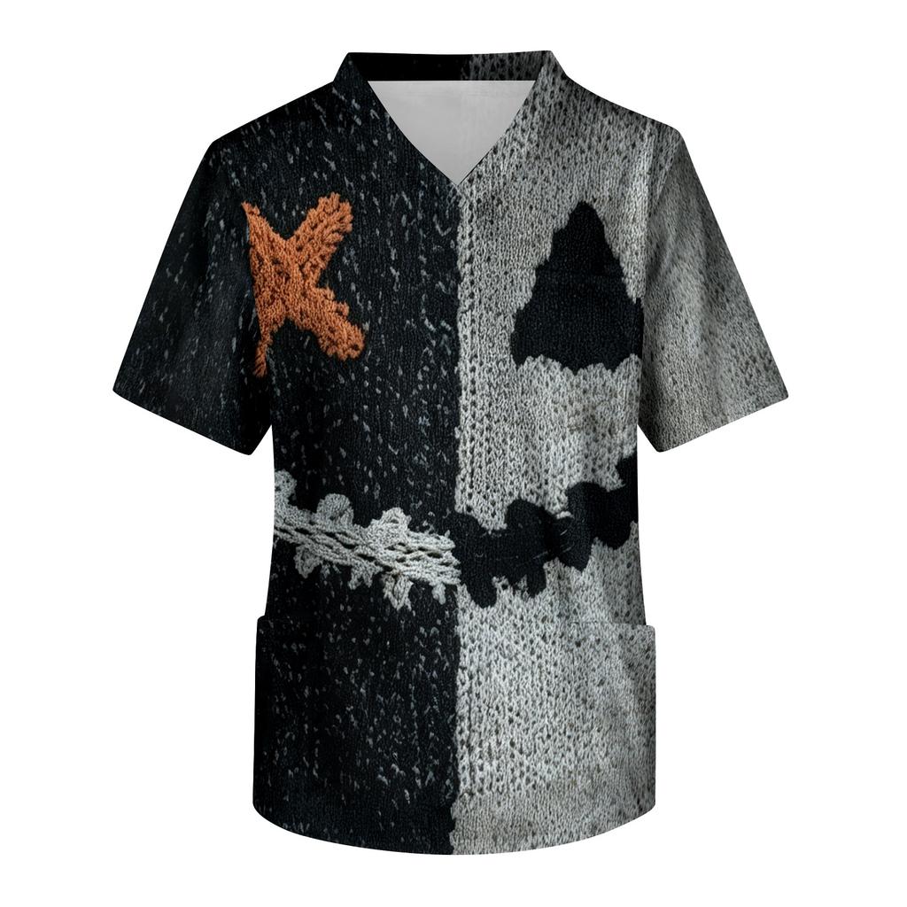 Men's Short Sleeve V-Neck Scrub Top with Chest Pocket Halloween Print for Work and Costume