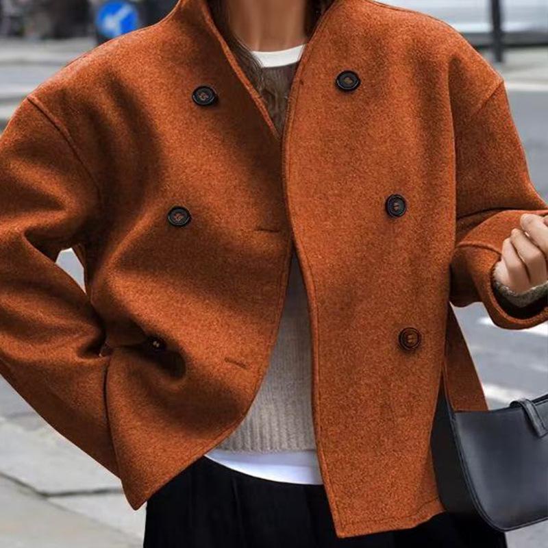 2025 Women's Double-Breasted Solid Wool Coat - Casual British Style