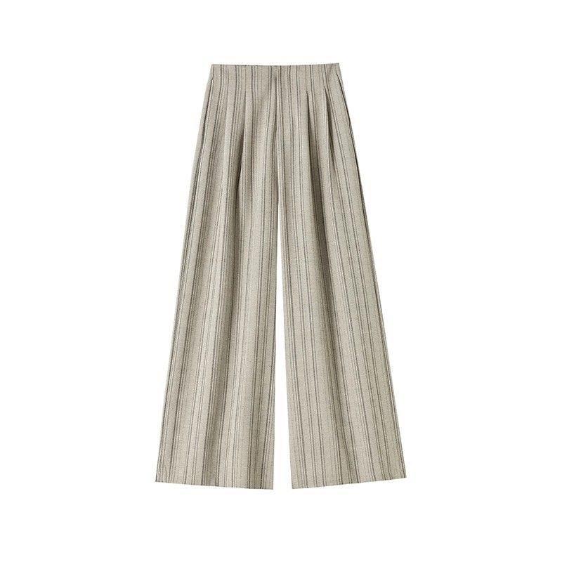 Pantaloni larghi a righe da donna comodi con tessuto misto lana per un look casual primaverile
