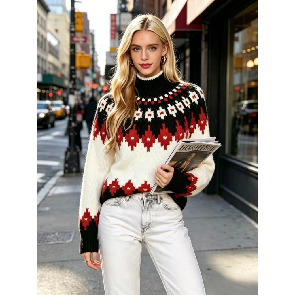 Fall Winter Women's Fair Isle Pattern Half Turtleneck Sweater, Loose Soft Rhombus Jacquard Knit Lazy Top