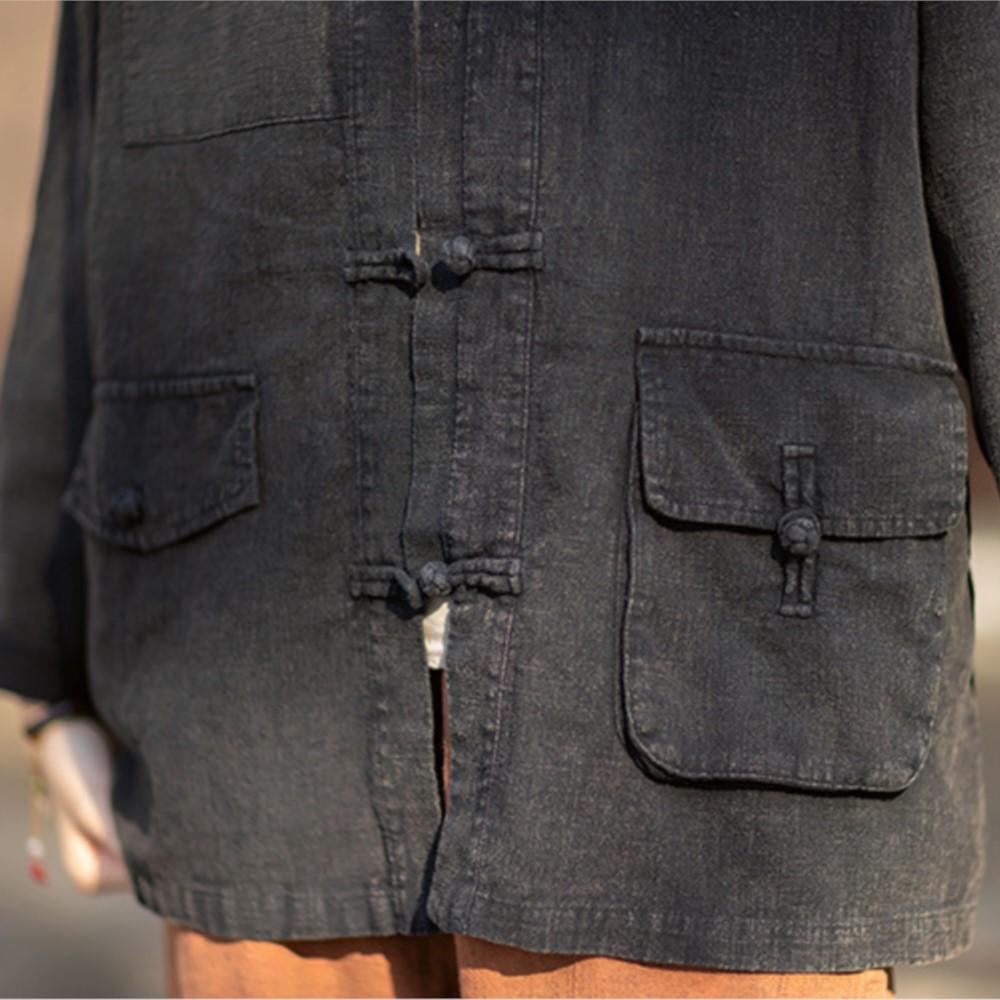 Johnature Women Vintage Shirts Tops Spring Chinese Style Button Blouses Patchwork Pockets Shirts