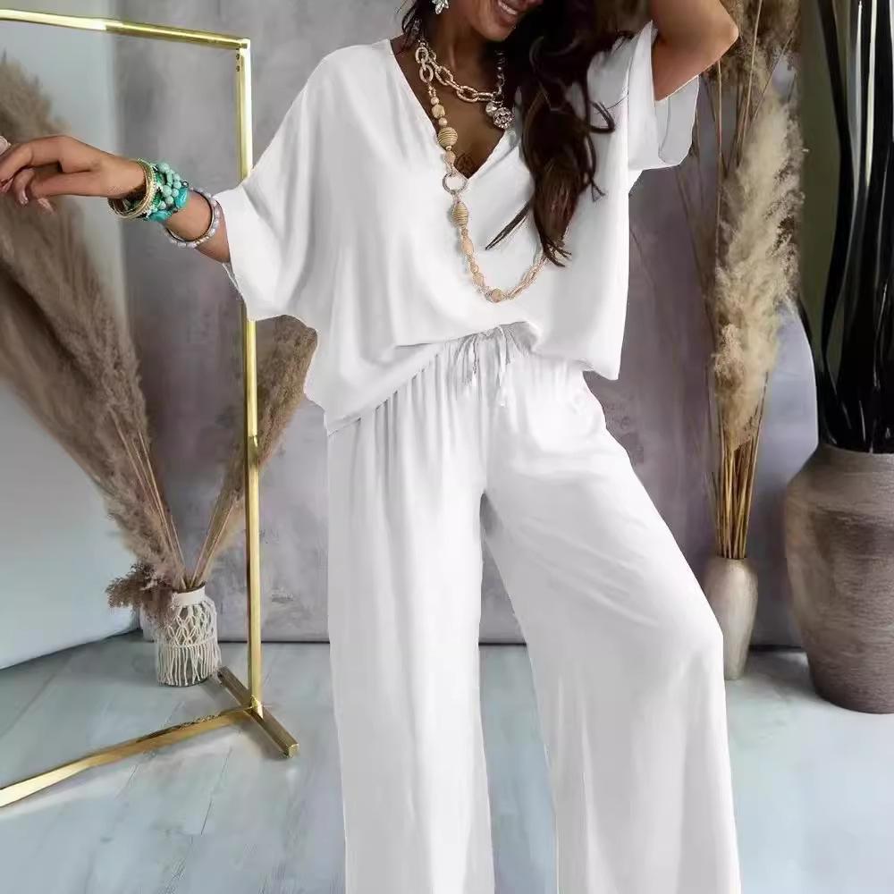 Summer Casual Loose Two Piece Set Women Fashion V-neck Pants Sets Women Elegant Batwing Sleeve Homewear Outfits 2 Piece Sets