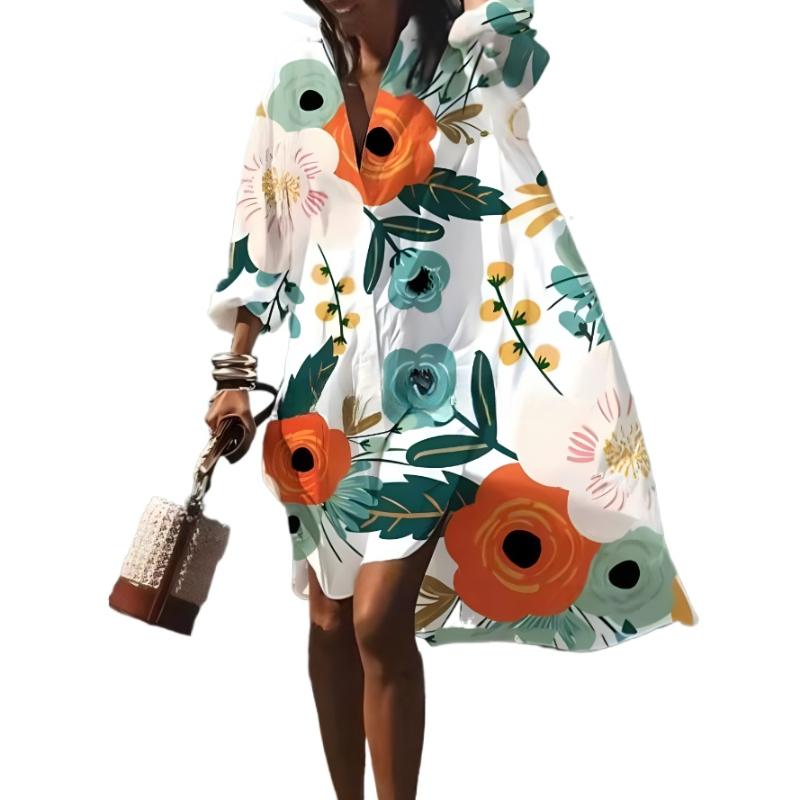 Spring or Summer Chic Ladies's Loose Casual Long Sleeve Shirt Dress Elegant Ladies's Casual White Print Lapel Single Breasted Dress
